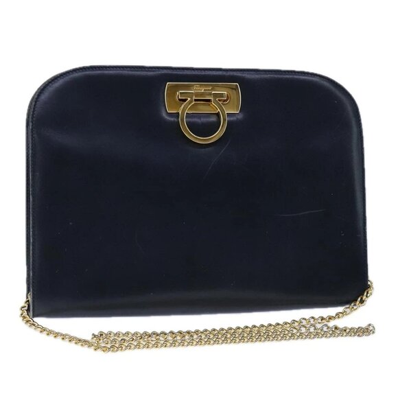Salvatore Ferragamo Gancini Chain Shoulder Bag Leather Navy Gold Auth 105376 - Picture 1 of 16